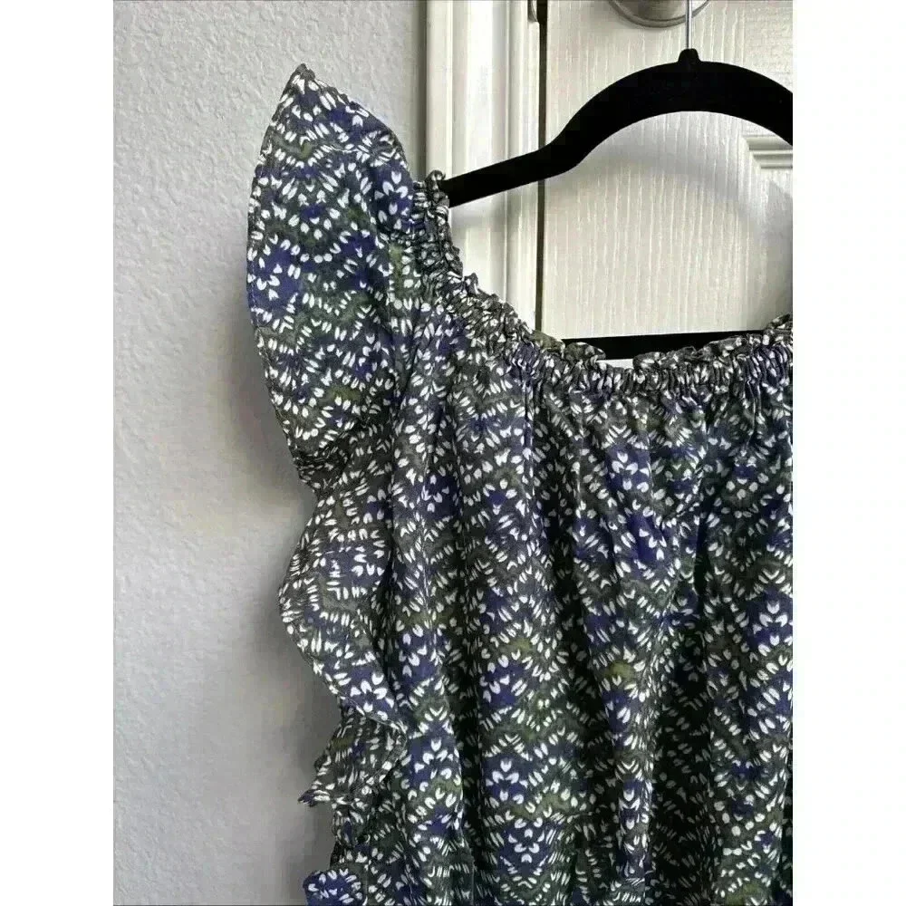 MICHAEL KORS Abstract Green Blue Print Ruffle Top Size S Elastic Waist - Picture 3 of 8